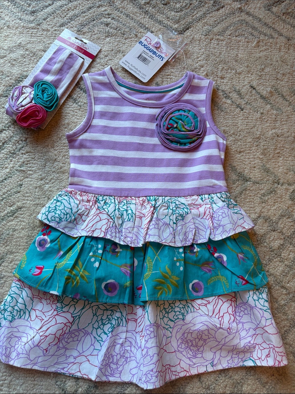NWT Rufflebutts Lilac Striped Ruffle Floral Dress with Teal Accents & headband